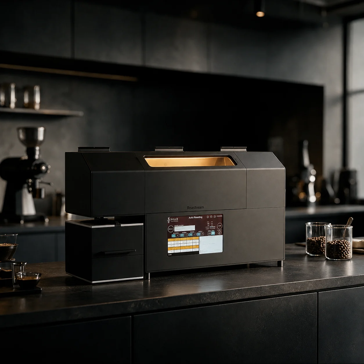 ROASTREAM coffee roaster in a dark modern coffee bar