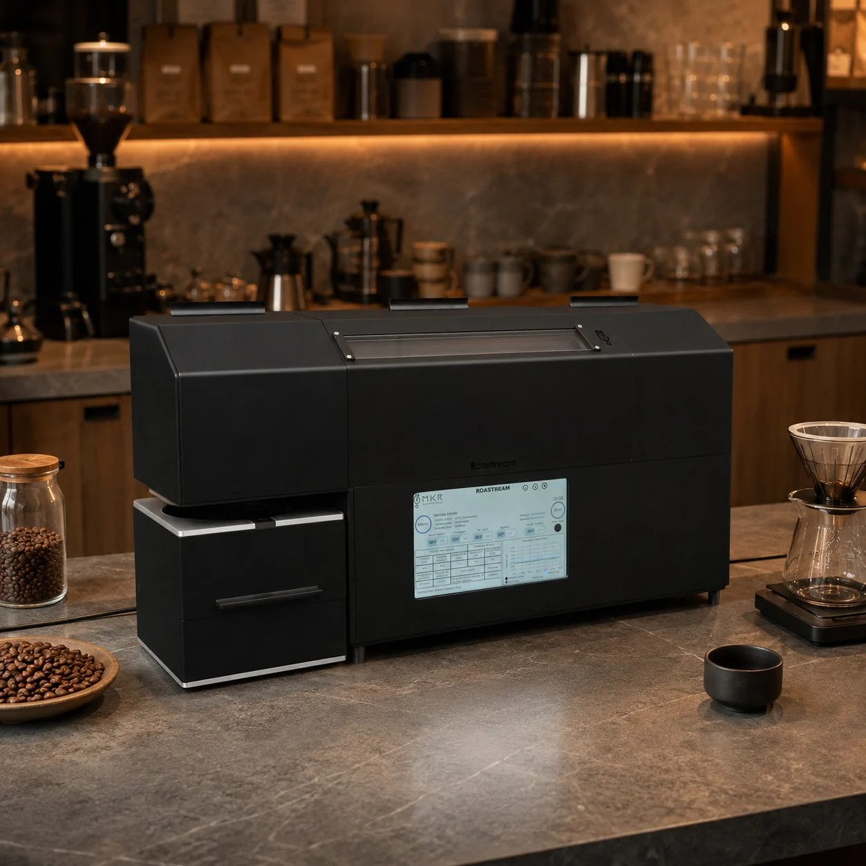 ROASTREAM coffee roaster in a warm specialty coffee bar